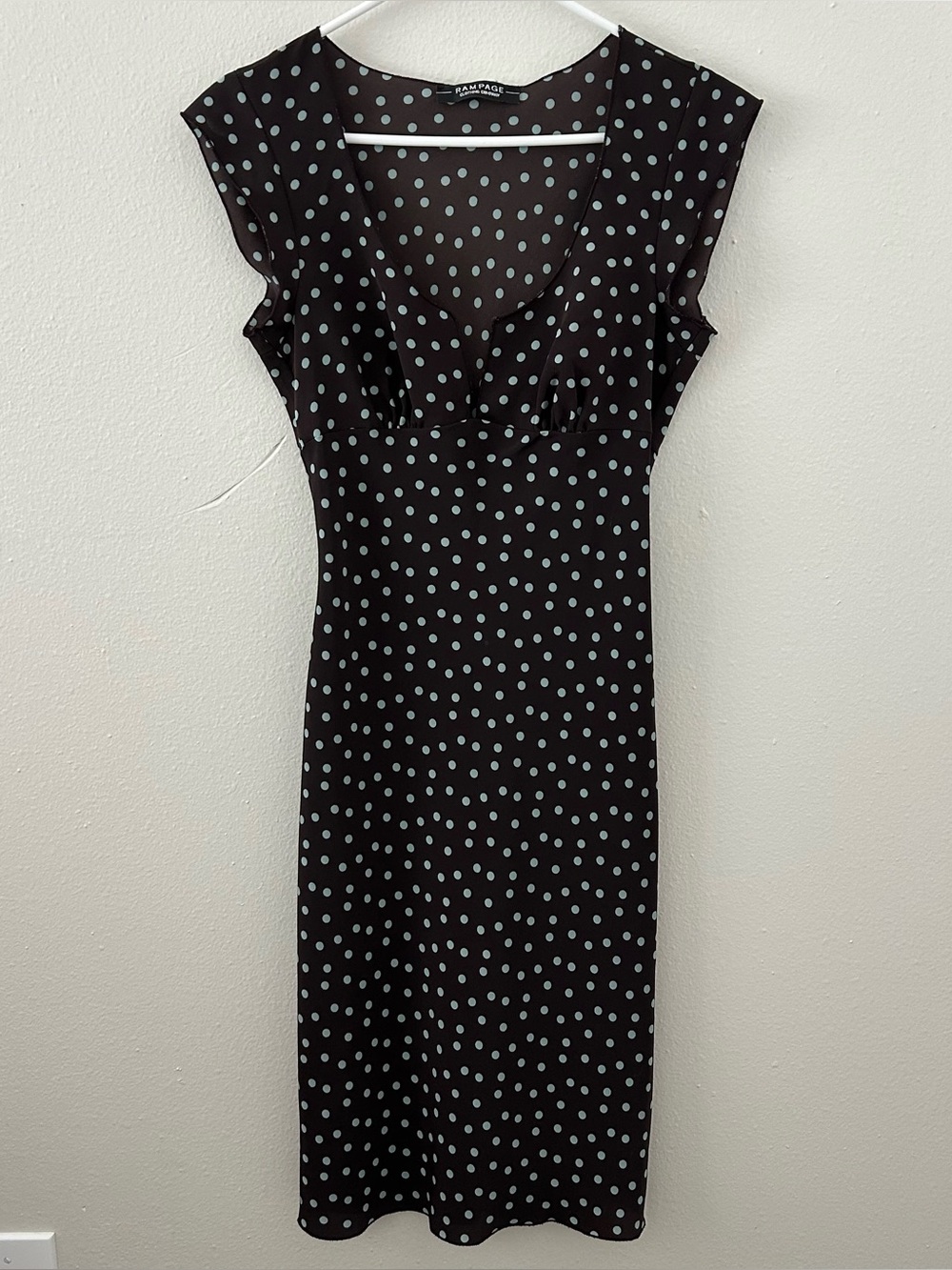 Vintage 90s Y2K Rampage Polka Dot Midi Dress Size S Brown Blue Retro Pinup Slip